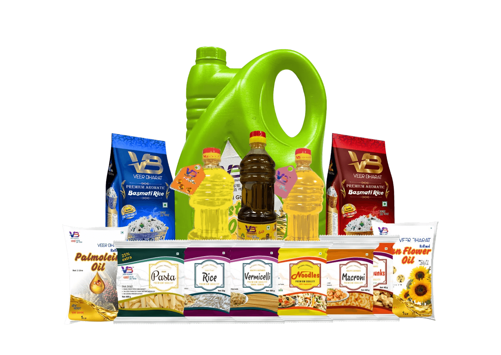 Veer Bharat range — mustard oil, sunflower oil, basmati rice, and pantry staples